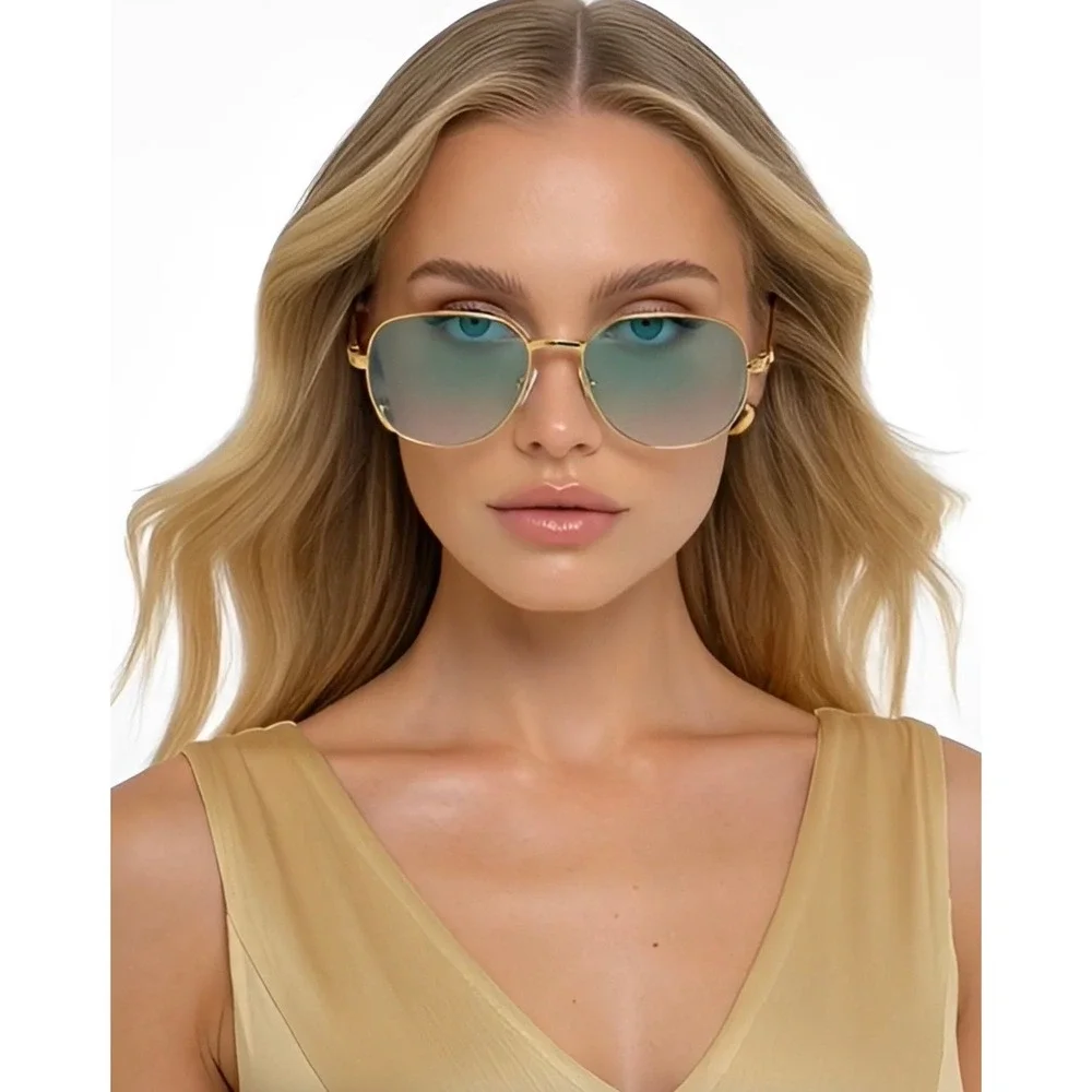 Gold Geometric‎ Sunglasses Teal Gradient Lens Metal Textured Frame Retro Women